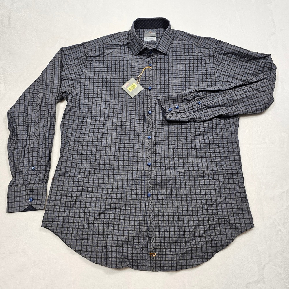 Thomas Dean Button Up Shirt Mens XL Grey Blue Grid Plaid Cotton Business Casual - Picture 2 of 9